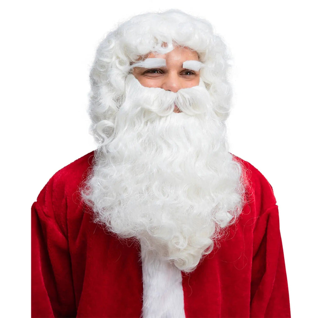 Person wearing a Santa wig, beard and eyebrows set for Father Christmas costumes