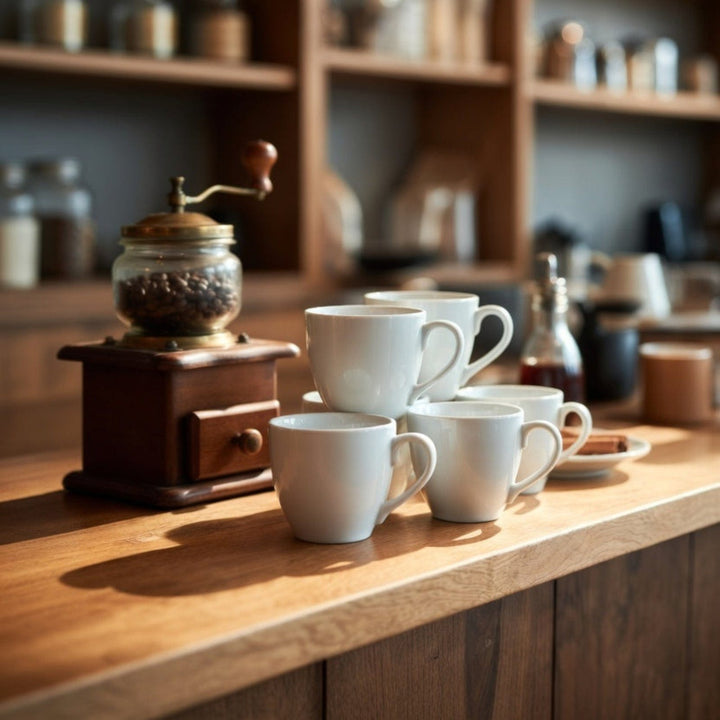 Coffee setup with mugs, grinder, and shelves in a coffee shop.