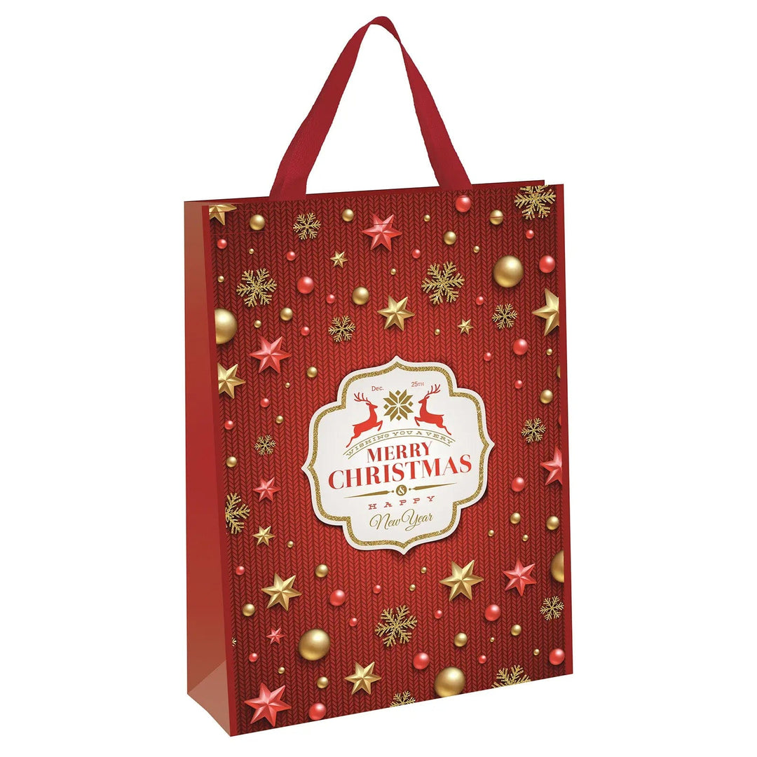 Large Christmas gift bag in red with gold baubles, snowflakes and stars, and red reindeer