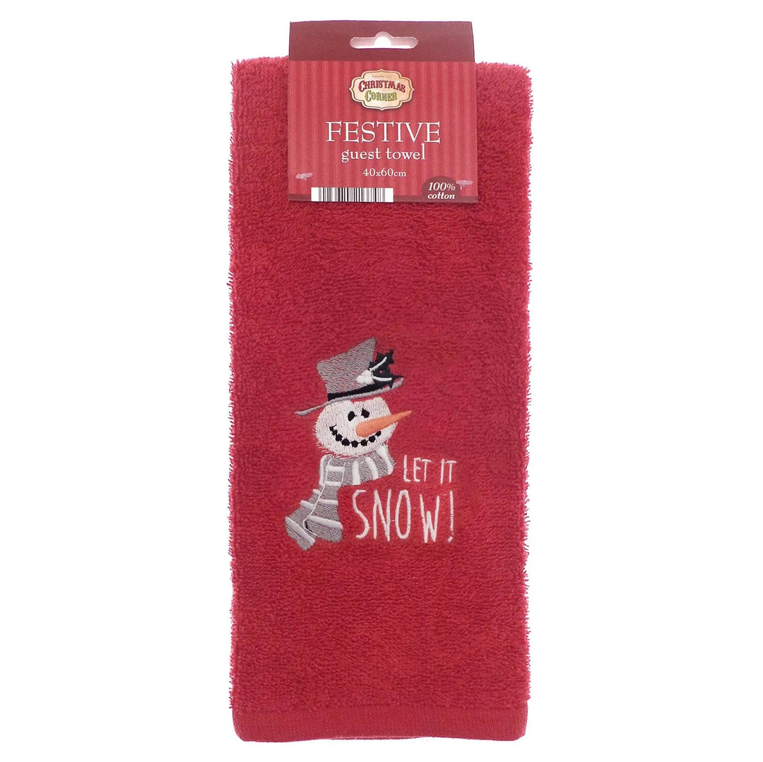 Festive guest towel with snowman and Let it Snow slogan embroidered on red towelling