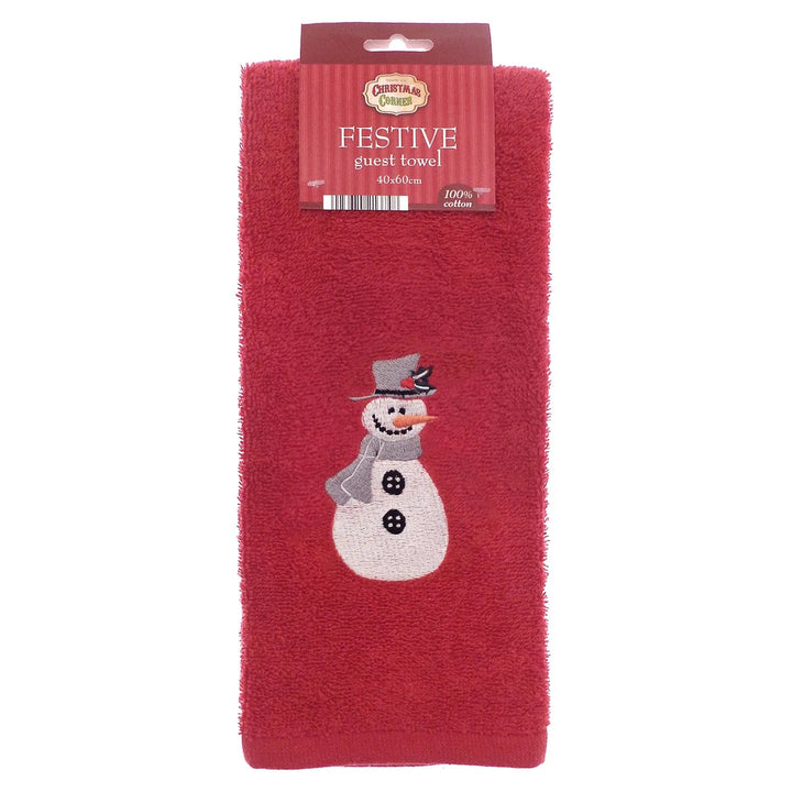 Festive guest towel with snowman embroidered on red towelling