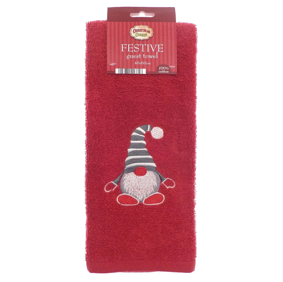 Festive guest towel in red with embroidered gonk in a grey and white striped hat