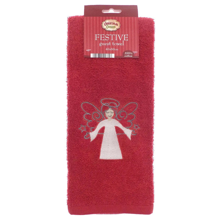 Festive guest towel in red with embroidered white angel with silver wings and halo