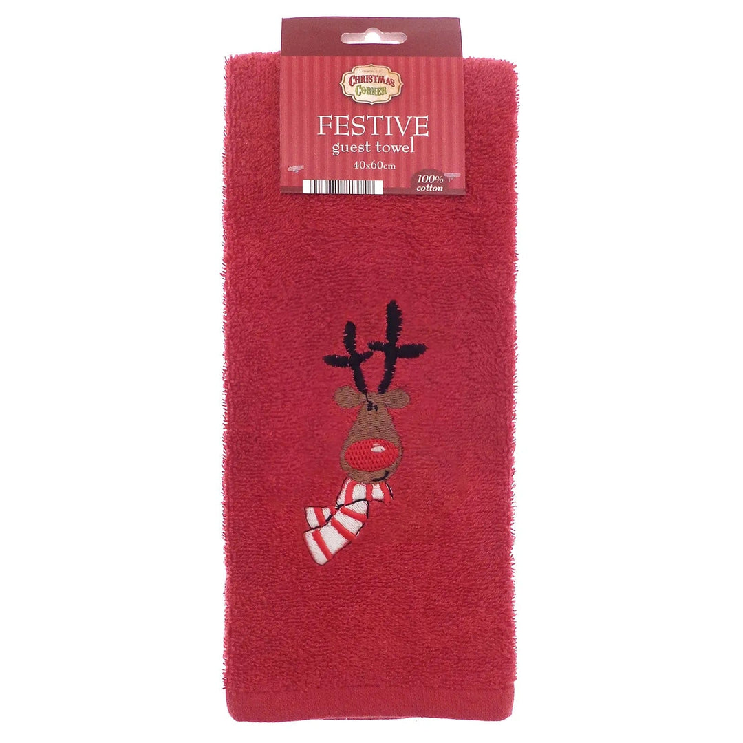 Festive guest towel in red with embroidered Rudolph the reindeer with white and red striped scarf