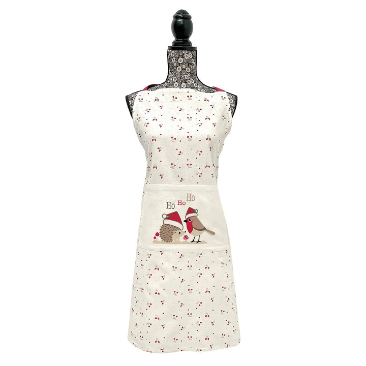 Christmas apron with hedgehog and robin, ho ho ho slogan and all over red berry print