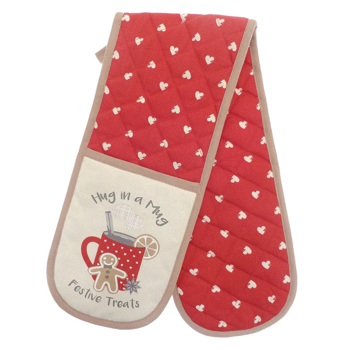 Christmas double oven glove in red with a gingerbread man, hug in a mug festive treats design