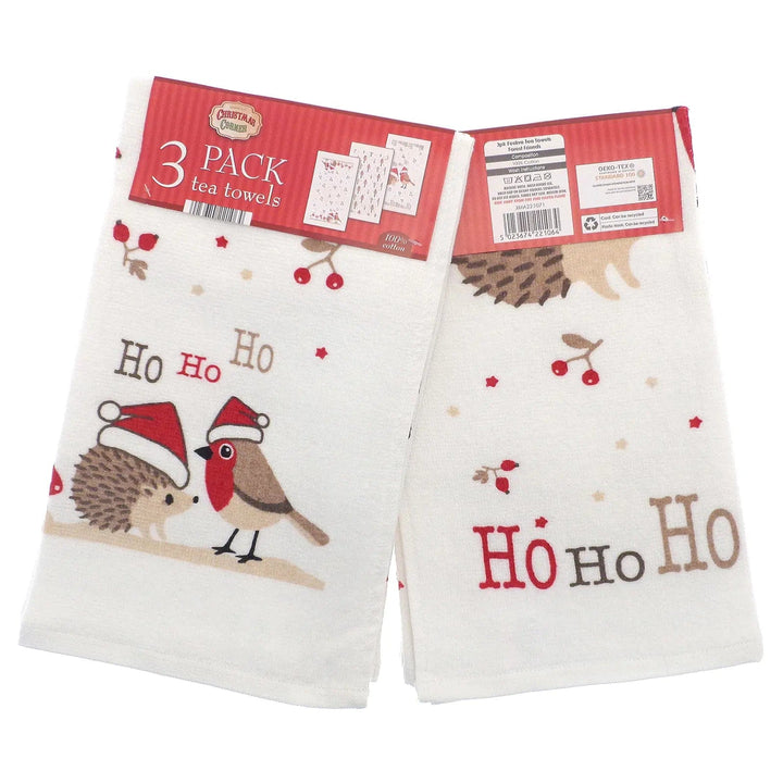 Pack of 3 Christmas tea towels with hedgehog and robin design