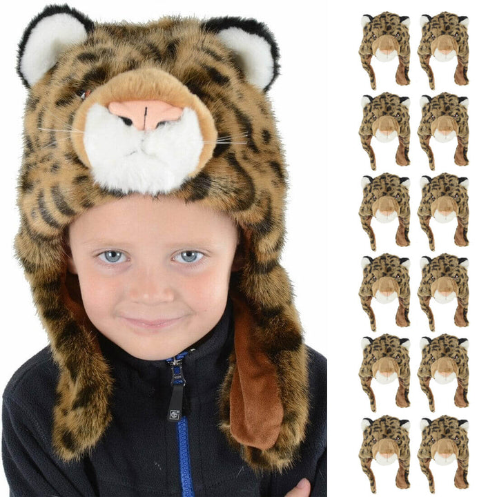 Child wearing a leopard design trapper hat with 12 smaller hats down the side
