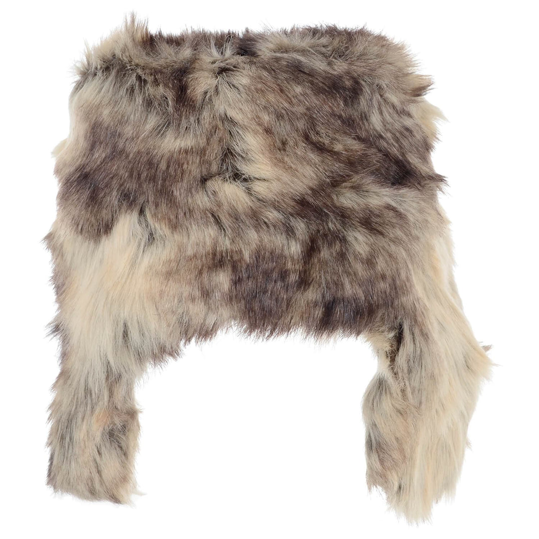 Back view of a fur animal print hat with ear flaps
