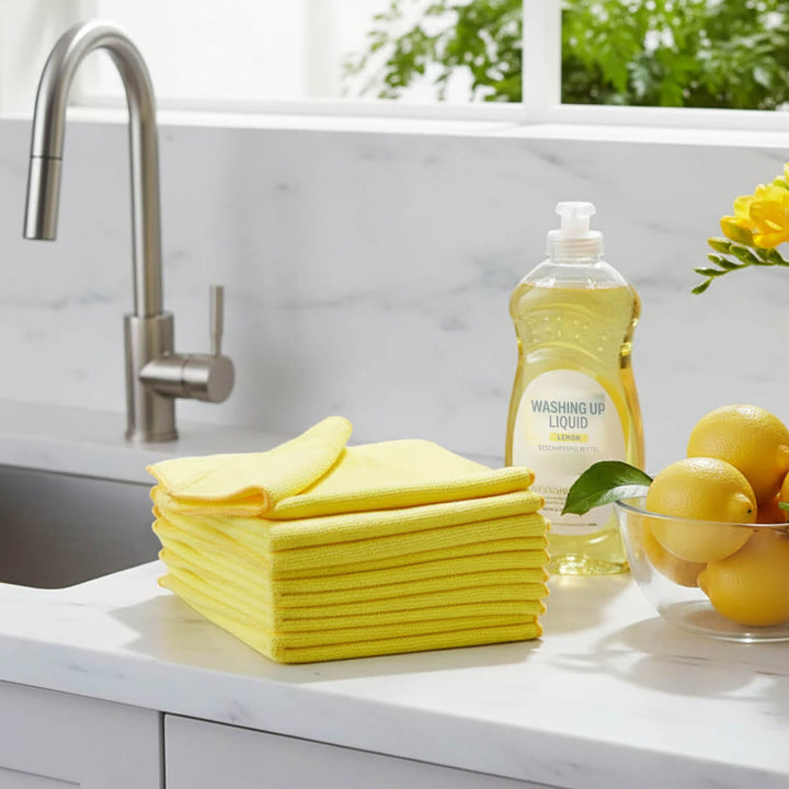 Yellow cleaning cloths and dishwashing liquid on a kitchen counter with a bowl of lemons.