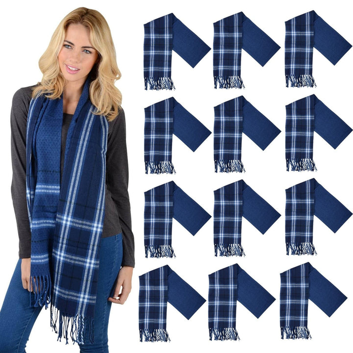 Bulk Pack of 12 Harris Scarf Soft Woven Plaid Check Fringe Blue