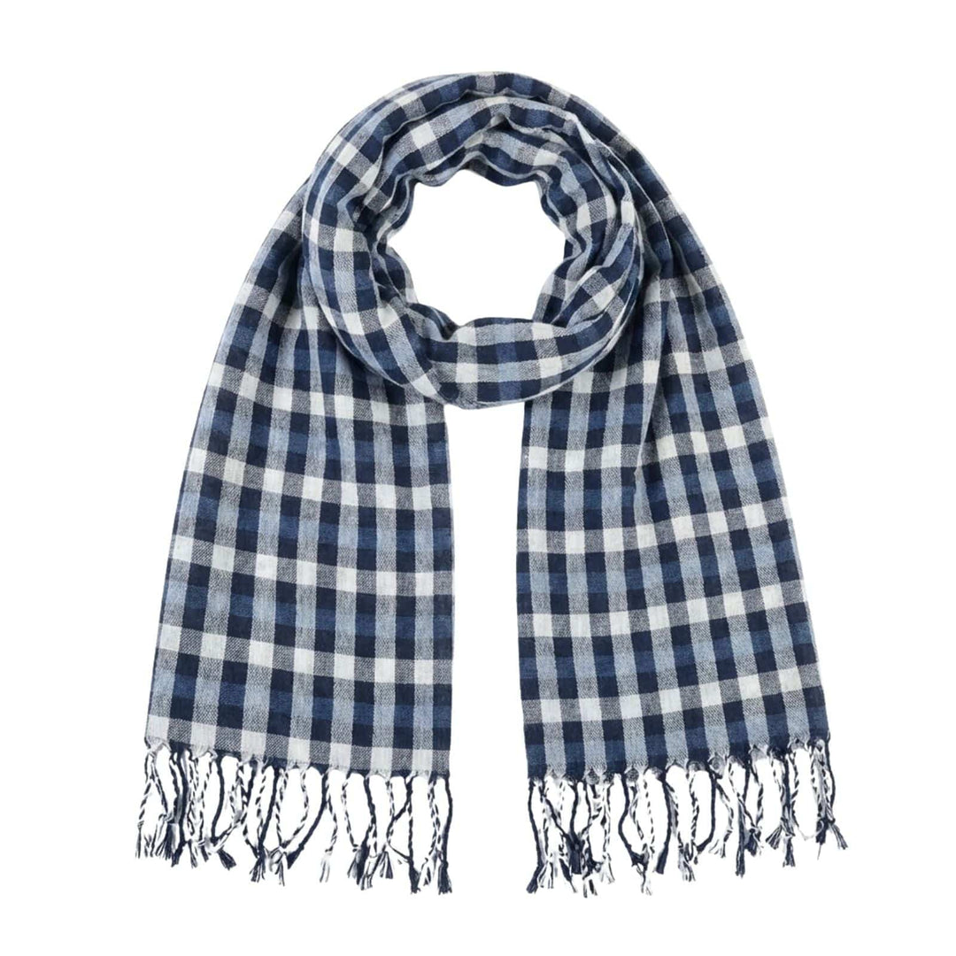 Bulk Pack Of 12 Mens Blue Check Milan Lightweight Woven Scarf Fringed