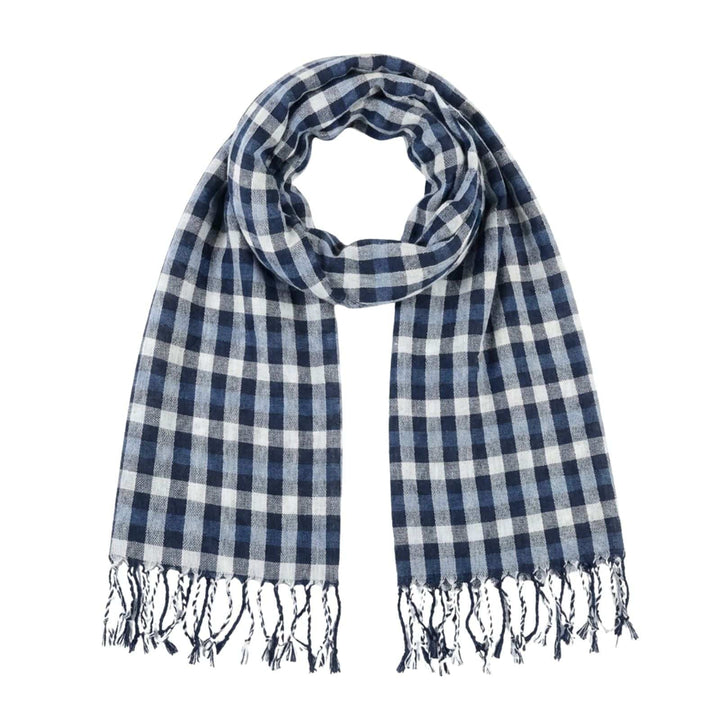Bulk Pack Of 12 Mens Blue Check Milan Lightweight Woven Scarf Fringed