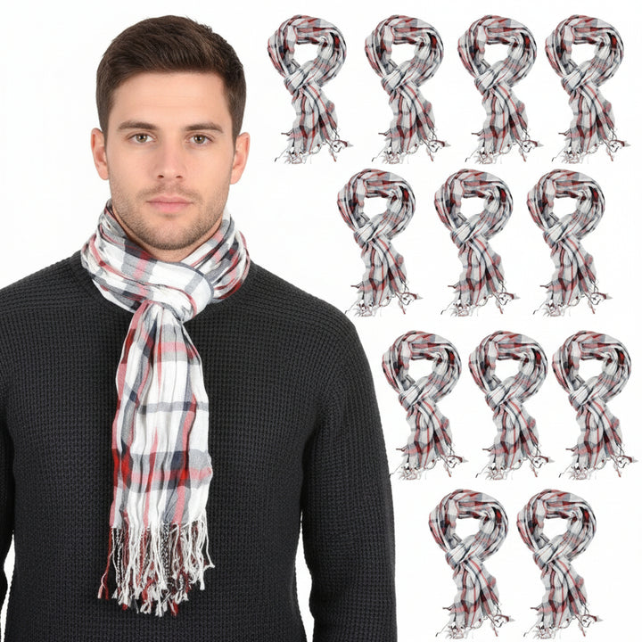 Man wearing a plaid scarf with multiple images of the scarf in the background.