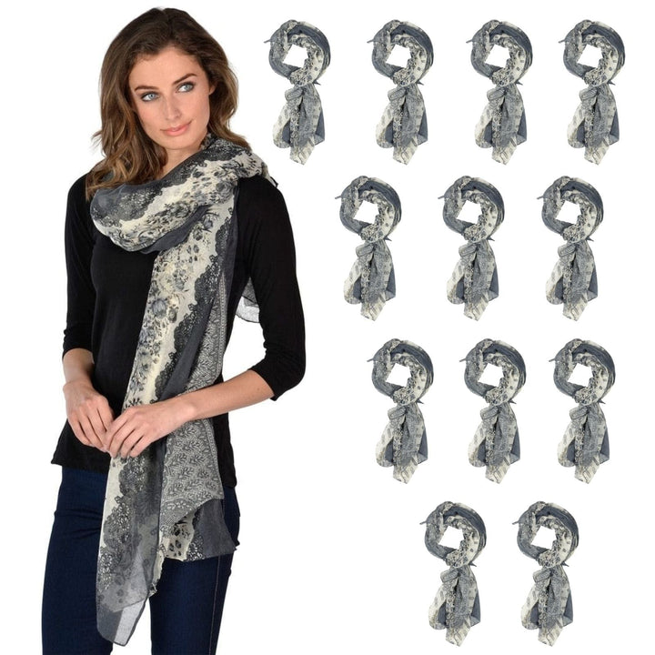 Bulk Pack Of 12 Womens Monaco Floral Print Lightweight Sheer Scarf