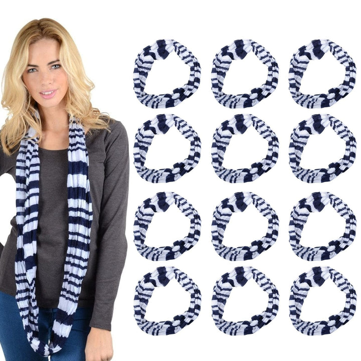 Bulk Pack Of 12 Womens Navy Blue White Striped Snood Lightweight Scarf