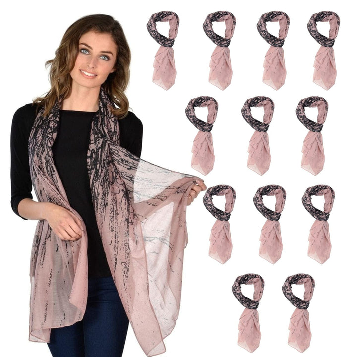 Bulk Pack 12 Womens Pink Black Abstract Print Sheer Scarf Lightweight