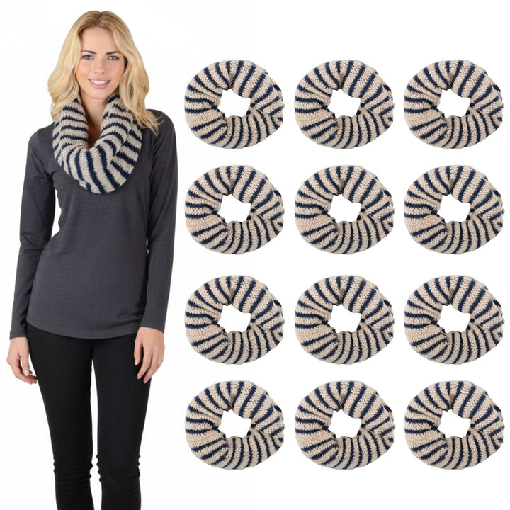 Bulk Of Pack 12 Womens Stripe Navy Beige Knit Snood Scarf Neck Warmer