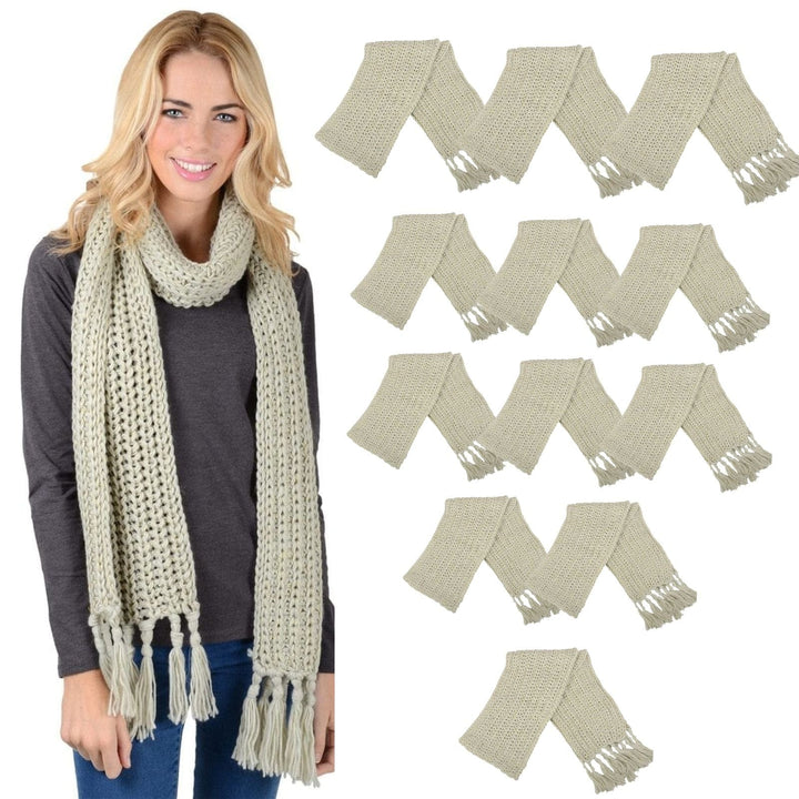 Bulk Of Pack 12 Womens Chunky Knit Natural Winter Scarf Fringed Gold