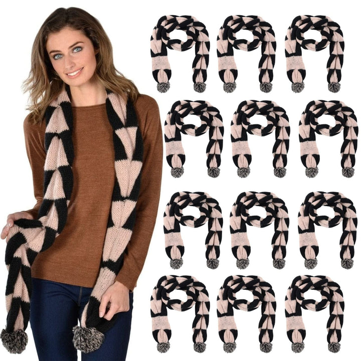 Bulk Of Pack 12 Womens Chunky Knit Winter Scarf Black Beige Pom Pom
