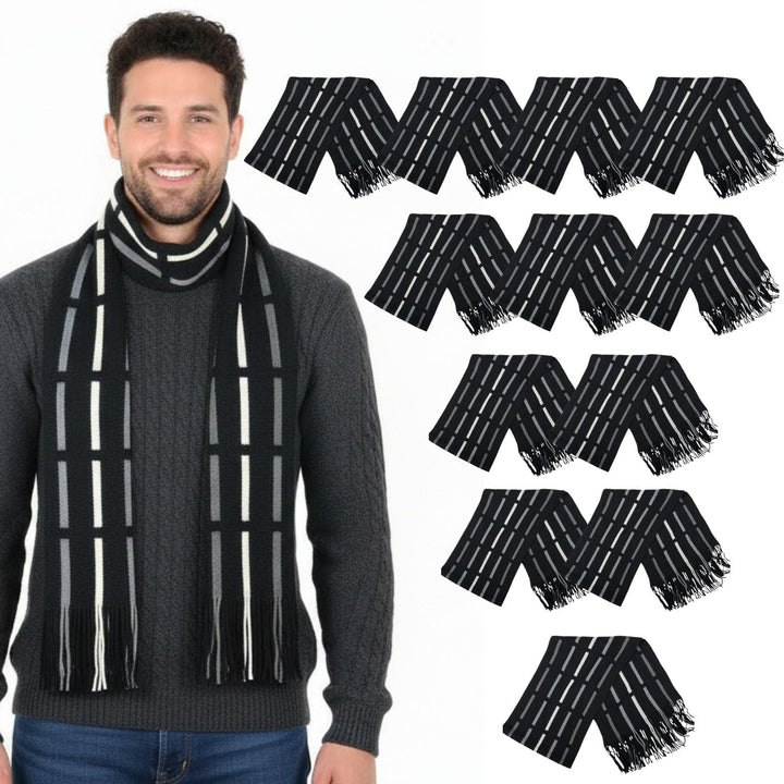Bulk Pack Of 12 Mens Black White Stripe Design Knitted Scarf Fringed