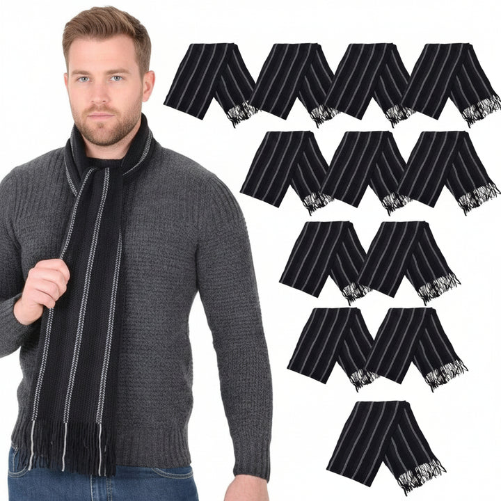 Man wearing a black and white striped scarf with multiple repeats of the scarf design on a white background.