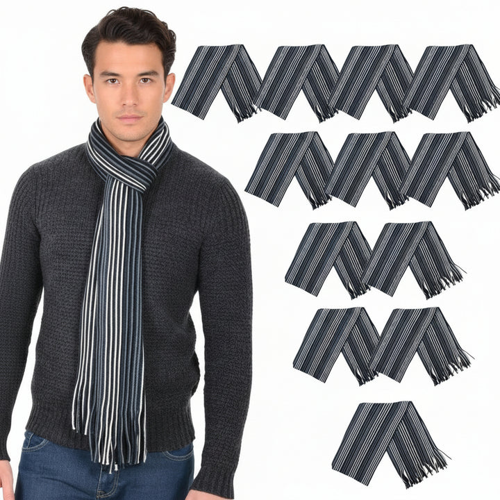 Man wearing a striped scarf with multiple images of the same scarf displayed above him.