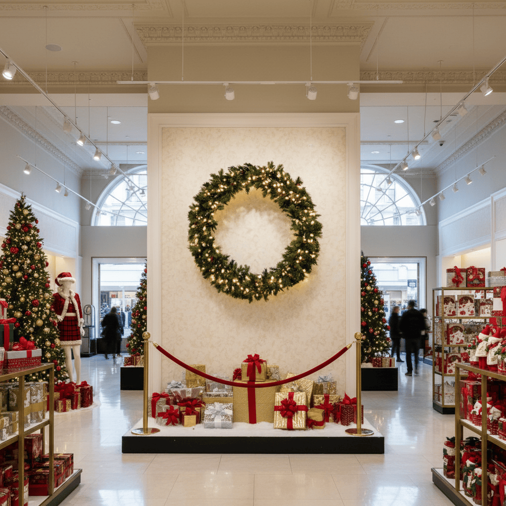 Decorative wreath with lights on a wall in a festive store setting.
