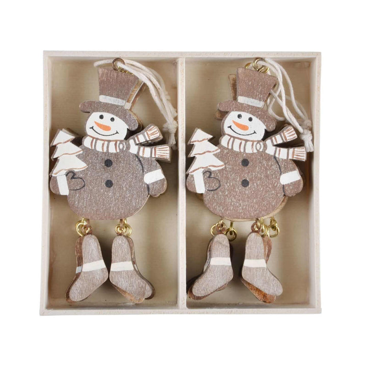 Wooden box of Snowman Christmas tree ornaments