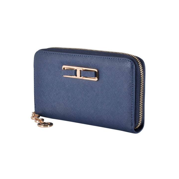 Blue purse with gold accents on a white background