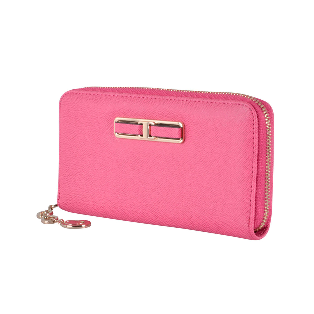 Pink purse with a gold clasp on a white background