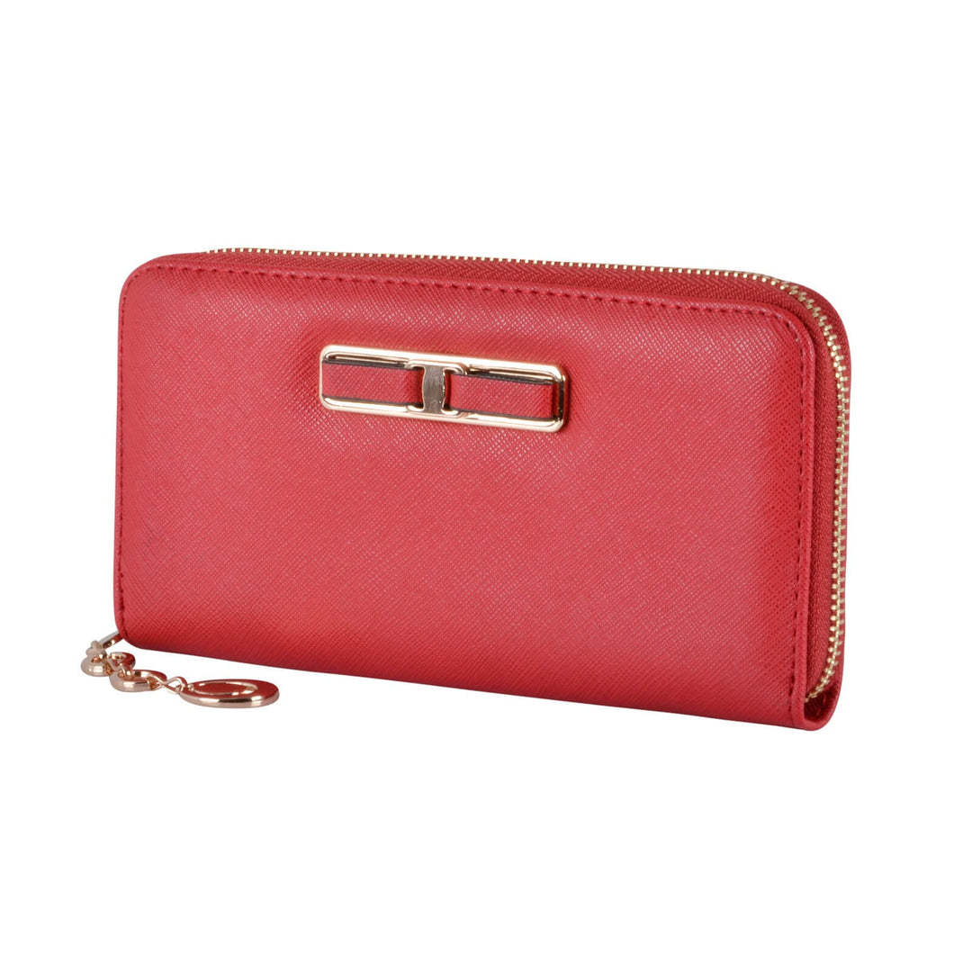 Red purse with a gold zipper and clasp on a white background