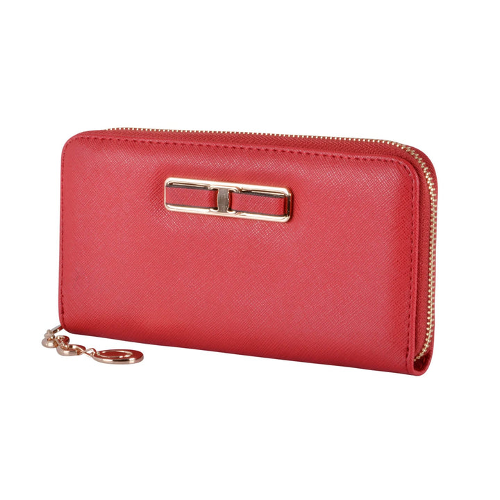 Red purse with a gold zipper and clasp on a white background