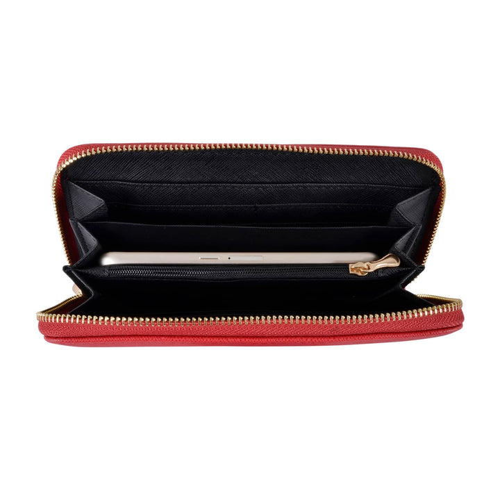 Red purse open to show with black interior  with smartphone slot on a white background