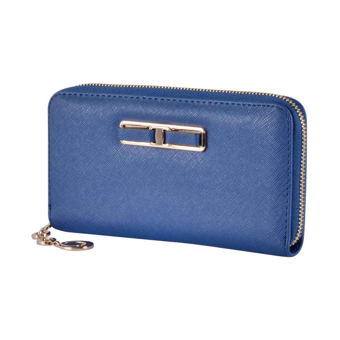 Blue purse with a gold clasp on a white background