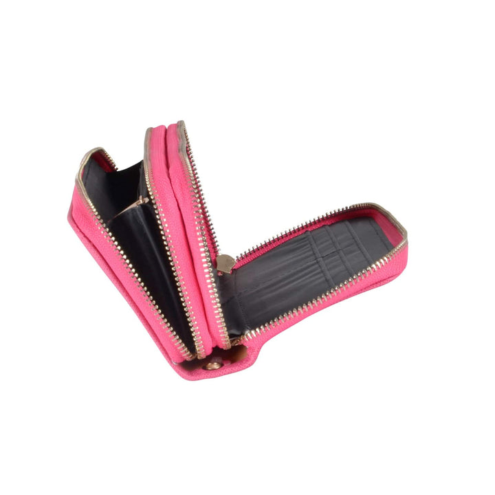 Pink purse with a black interior on a white background