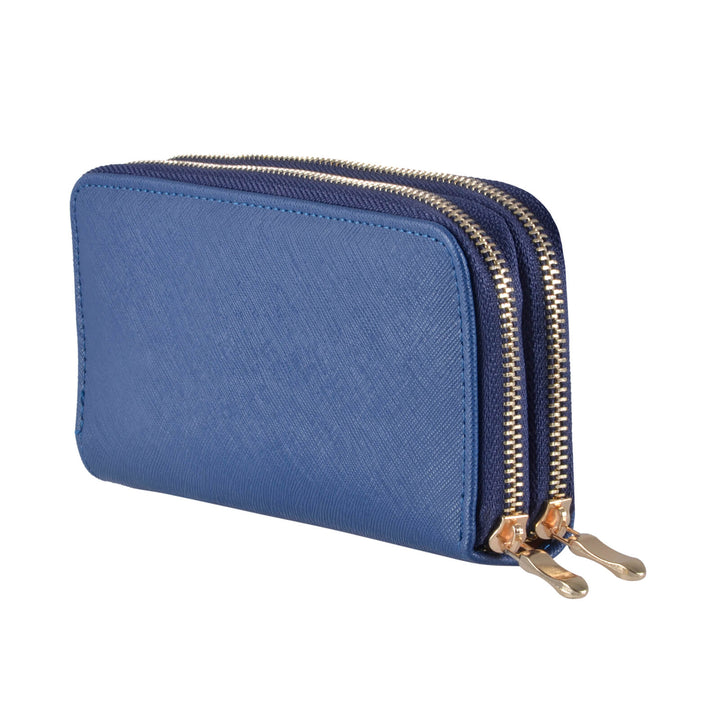 Blue purse with 2 gold zips on a white background