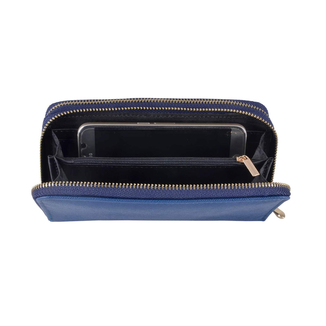Blue purse with double zip open to show pocket with smartphone on a white background