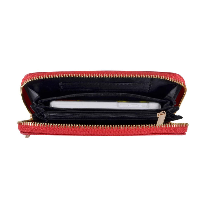 Red purse with gold zip open to show smart phone inside a compartment