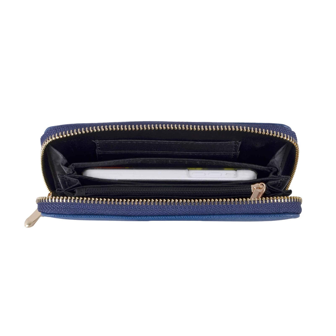 Blue purse with gold zip open to show a small smartphone inside on a white background