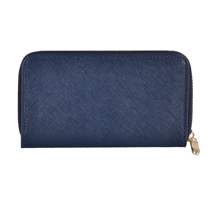 Navy blue faux leather purse with gold tone zip