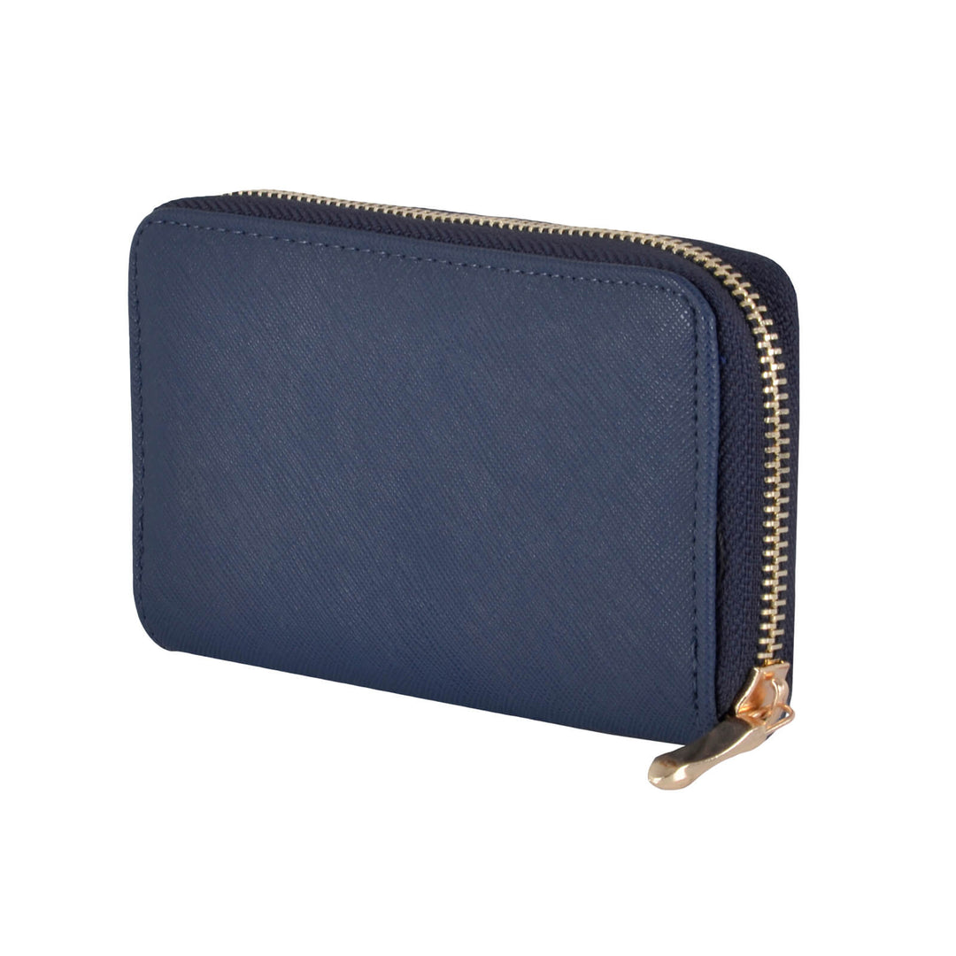 Navy blue purse with gold zip on a white background
