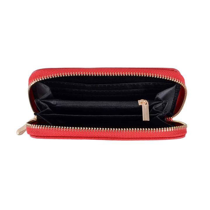 Red purse open to show black satin lining and zipped coin pocket