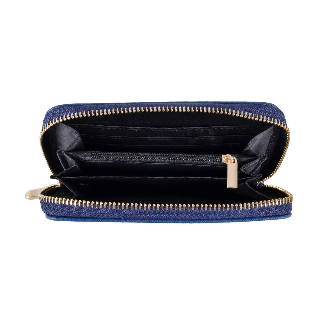 Blue purse open to show black satin lining and zipped coin pocket