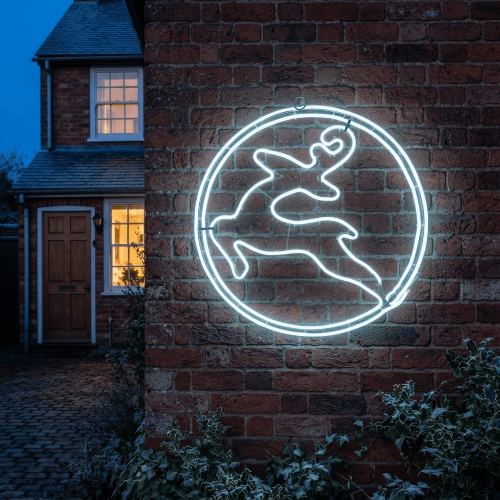 A glowing white neon sign of a reindeer inside a circle mounted on a red brick wall at dusk, with a house and garden visible in the background.