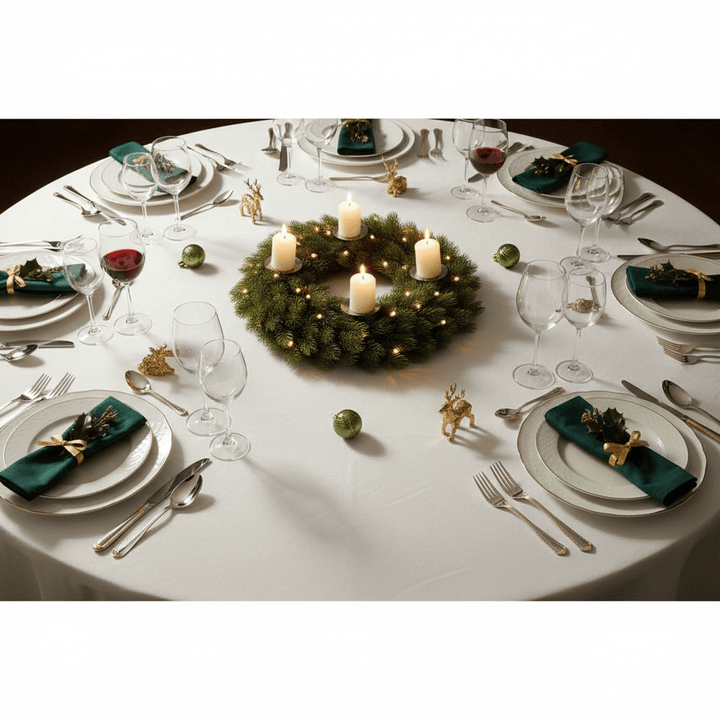 Elegant Christmas table setting with a wreath centerpiece, candles, and festive decor.