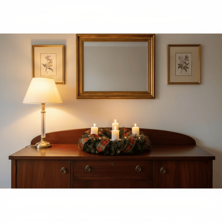 Decorative wreath with candles on a wooden surface, lamp, and mirror in the background. Customised with some tartan for the new year.