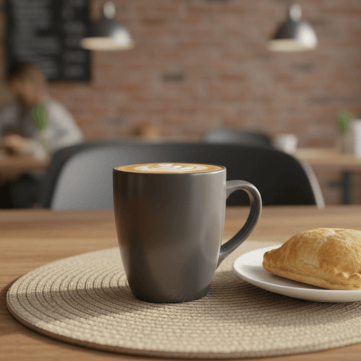 Gray mug with a cappuccino and a pastry on a wooden table in a cozy cafe setting.