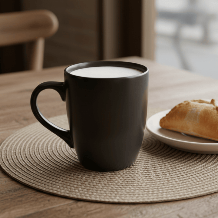 Black mug with a hot beverage on a woven placemat next to a pastry on a wooden table.
