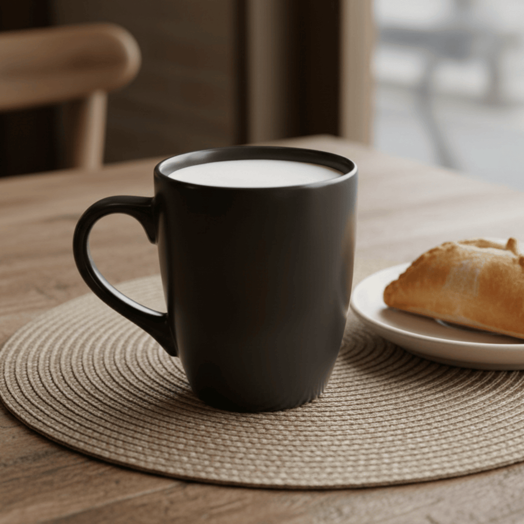Black mug with a hot beverage on a woven placemat next to a pastry on a wooden table.